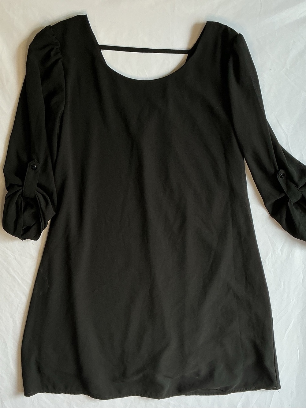 Black Scoop Neck Tunic Dress with Rolled Sleeve Tabs